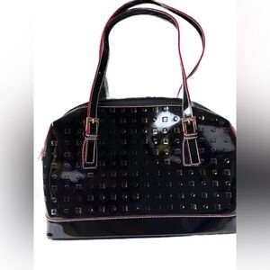 Arcadia Black Patent Shoulder Bag with Red Trim